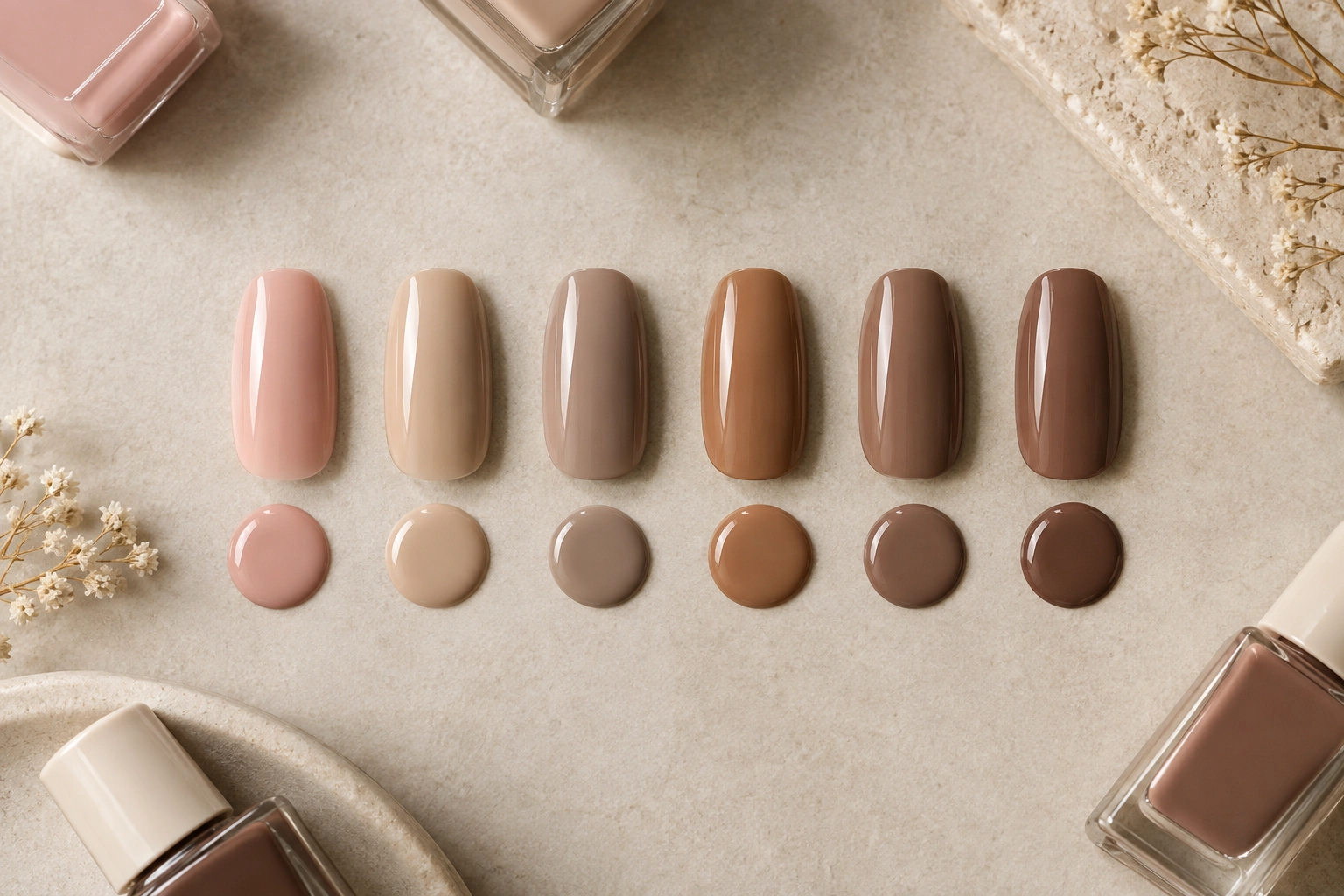 Nude nail polish color families arranged by undertone and depth