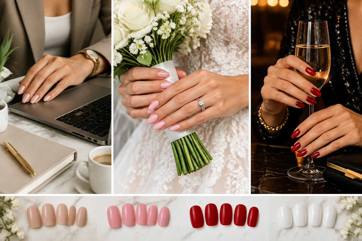 Hands with different polished nail shades suited for work, weddings, and dates