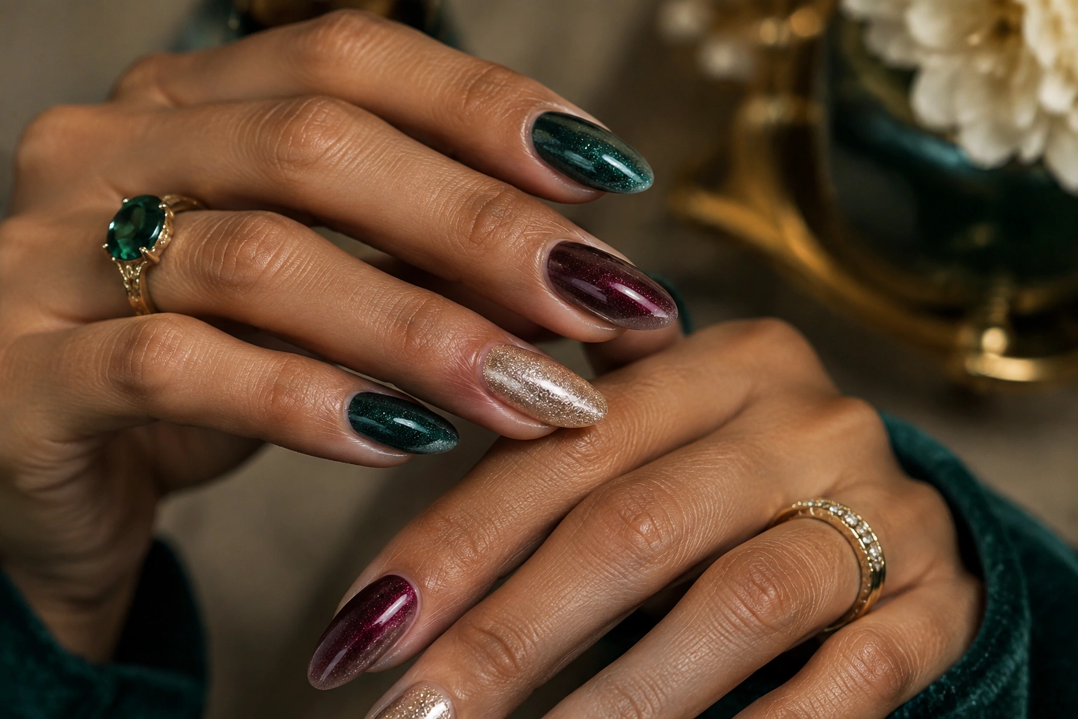 Olive skin hands with emerald and champagne shimmer nails