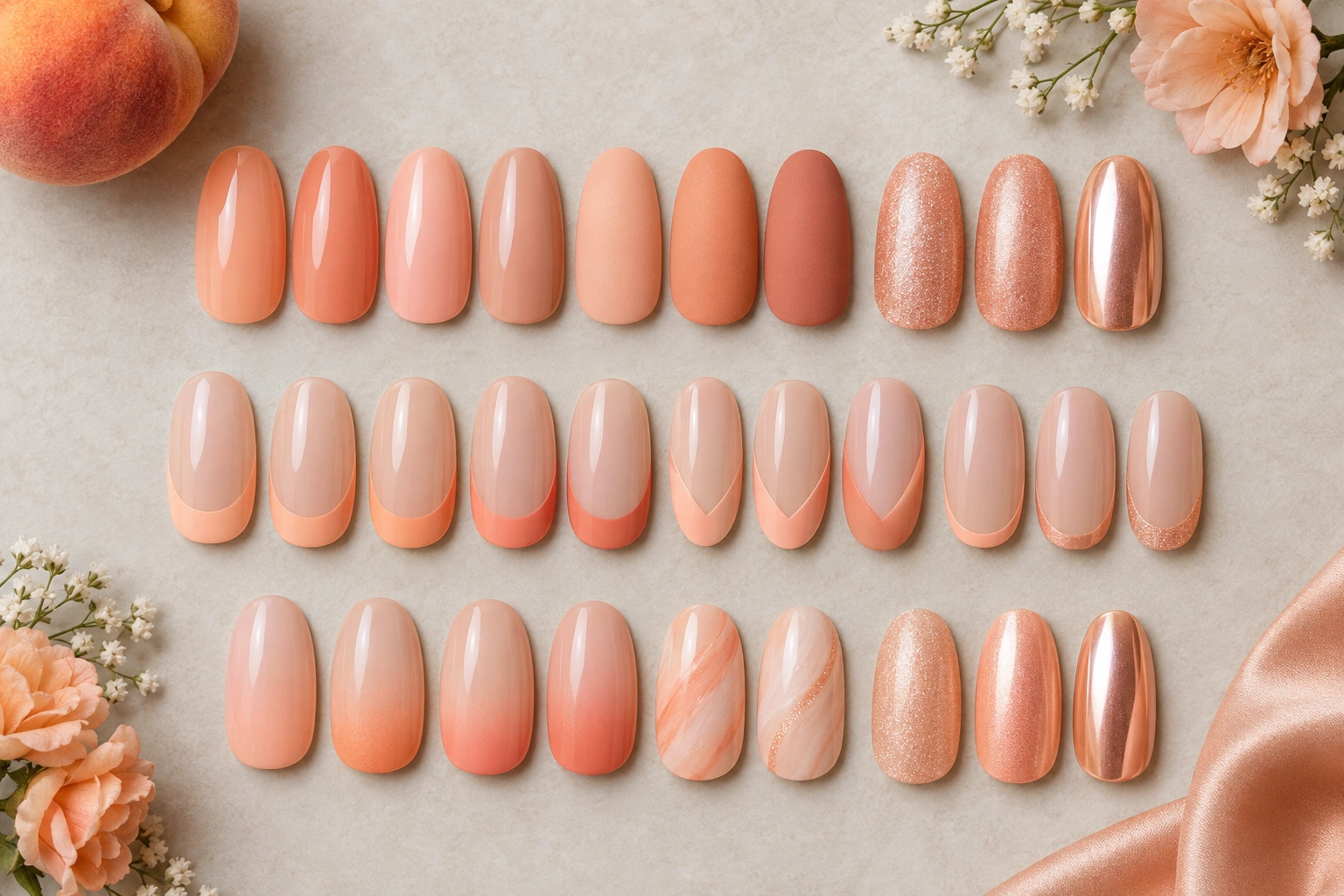 Peach nail designs showing glossy, chrome, and French tip variations