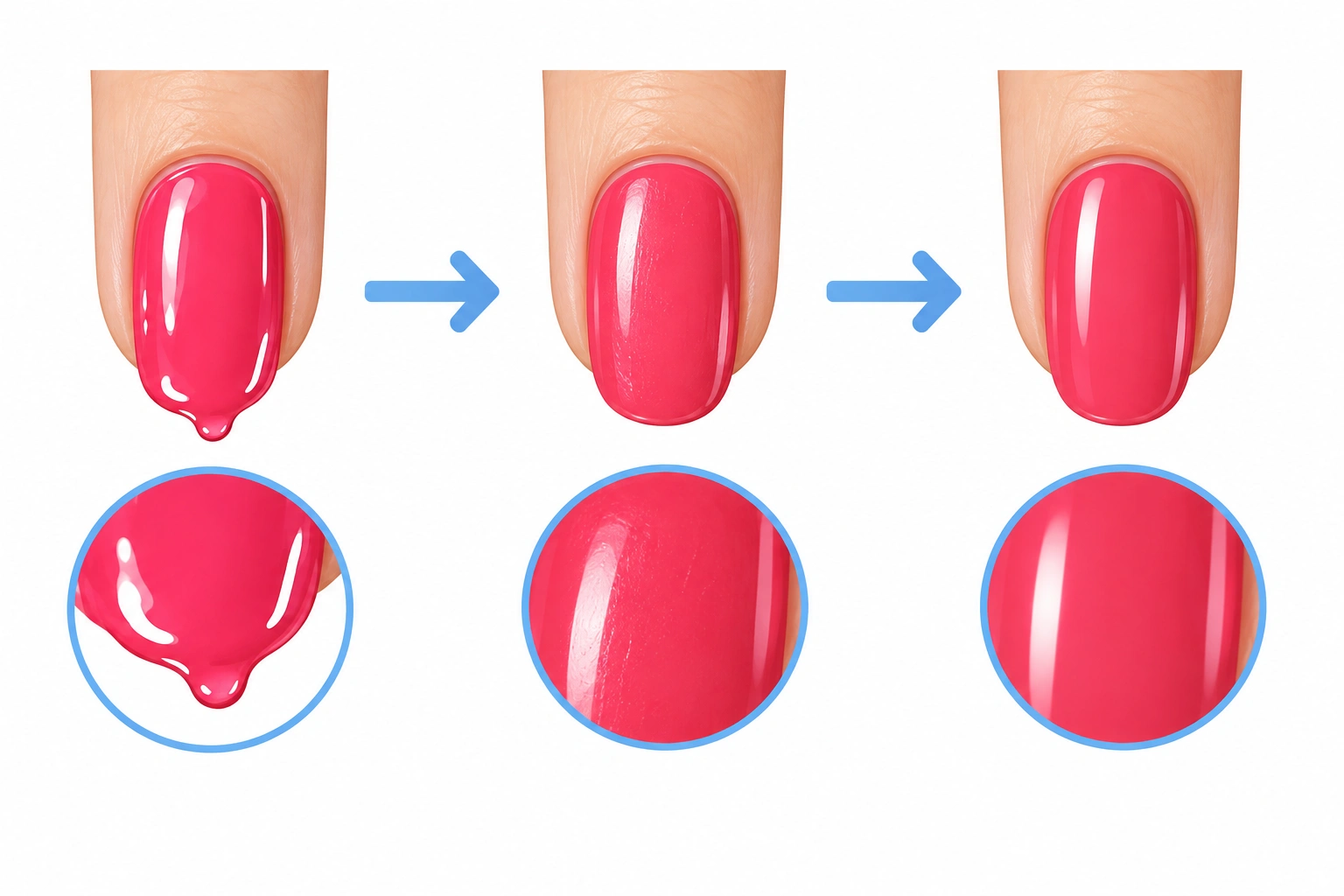 Diagram showing polish drying stages from wet to touch-dry to fully cured