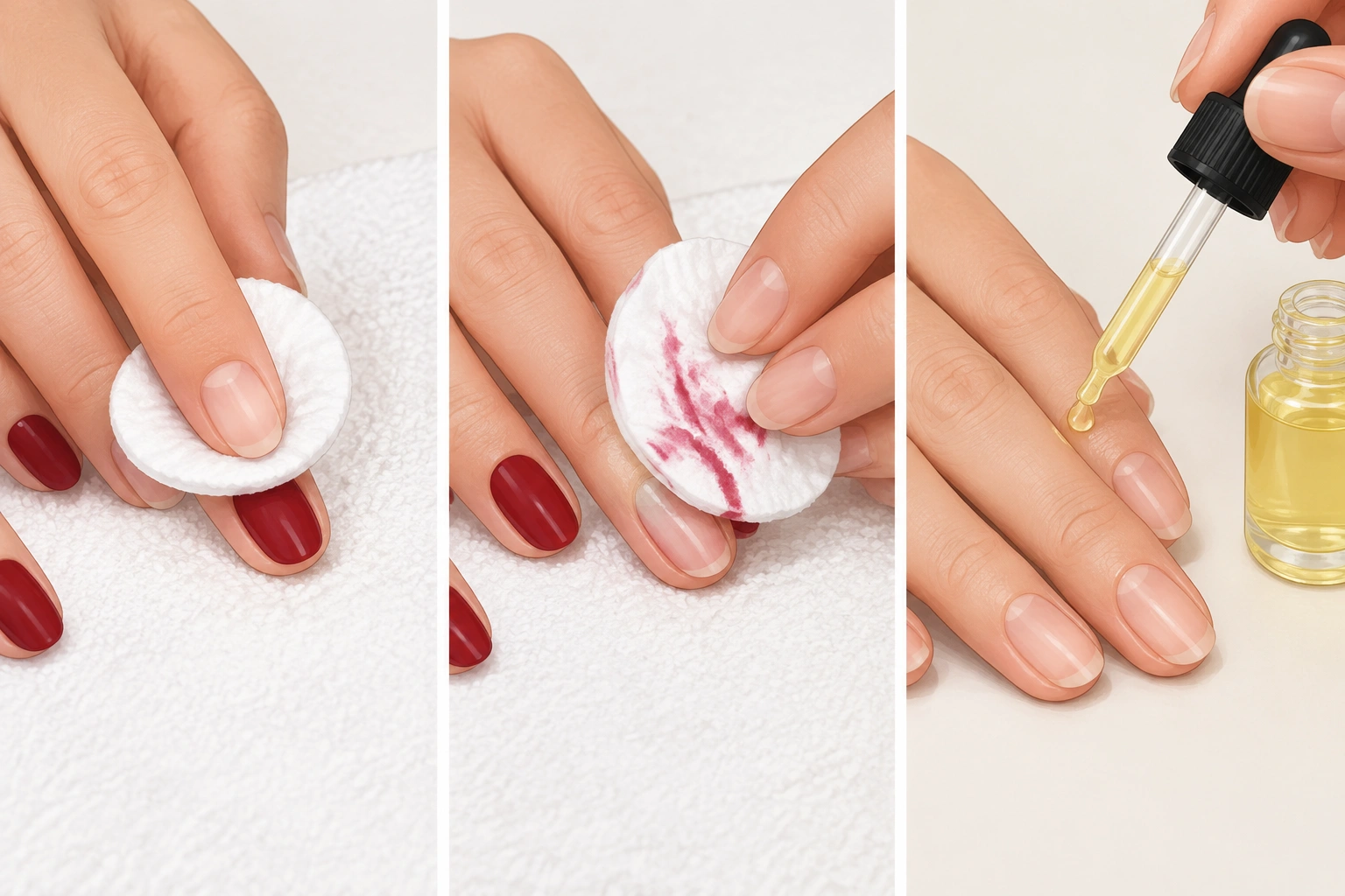 Hands removing nail polish with cotton pad and cuticle oil