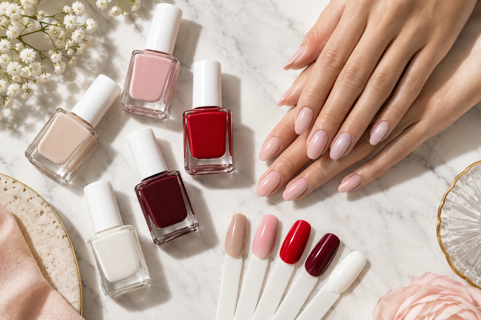 Assorted manicure swatches in nude, pink, red, and burgundy shades