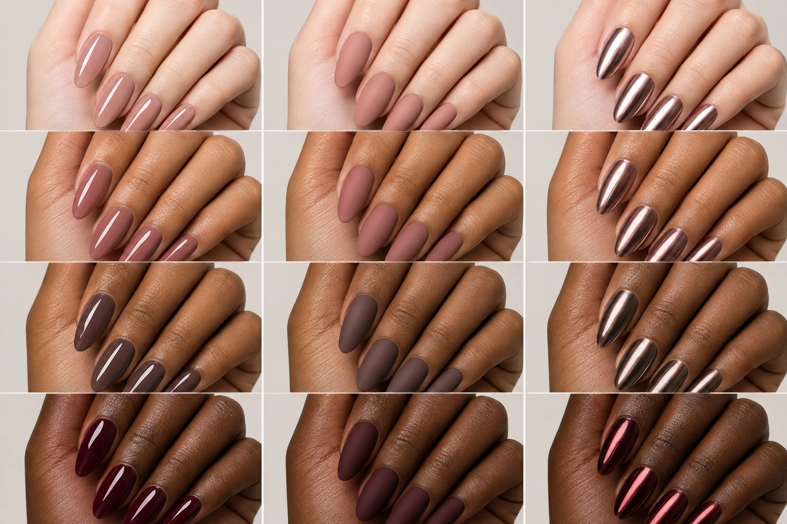 Close-up manicure examples in glossy, matte, and chrome finishes on different skin tones