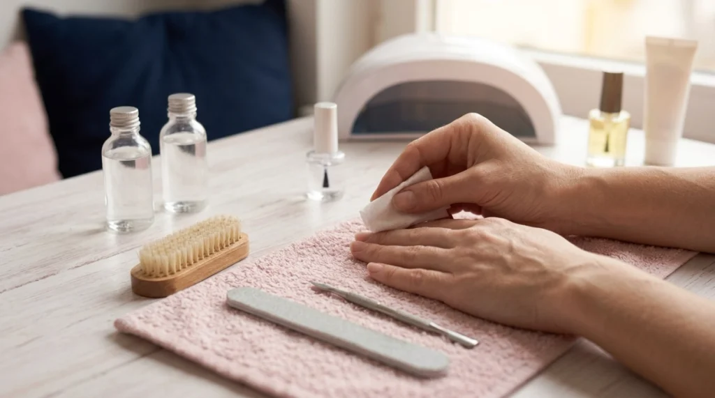 Nail prep for preventing lifting with clean cuticles, dust removal, capped products, and curing lamp