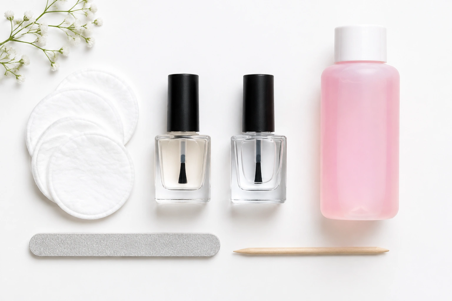 Nail polish base coat and remover on a clean surface
