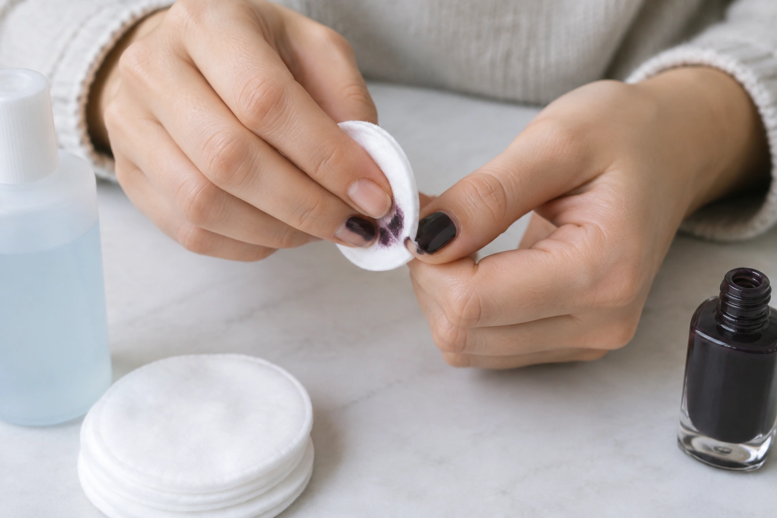 Removing dark nail polish gently with cotton pad and remover