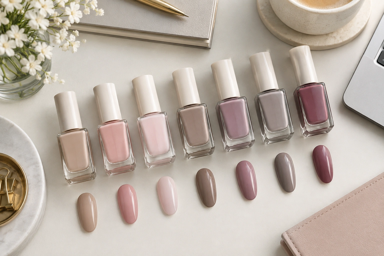 A row of professional nail polish shades including beige nude, sheer pink, mauve, taupe, and greige