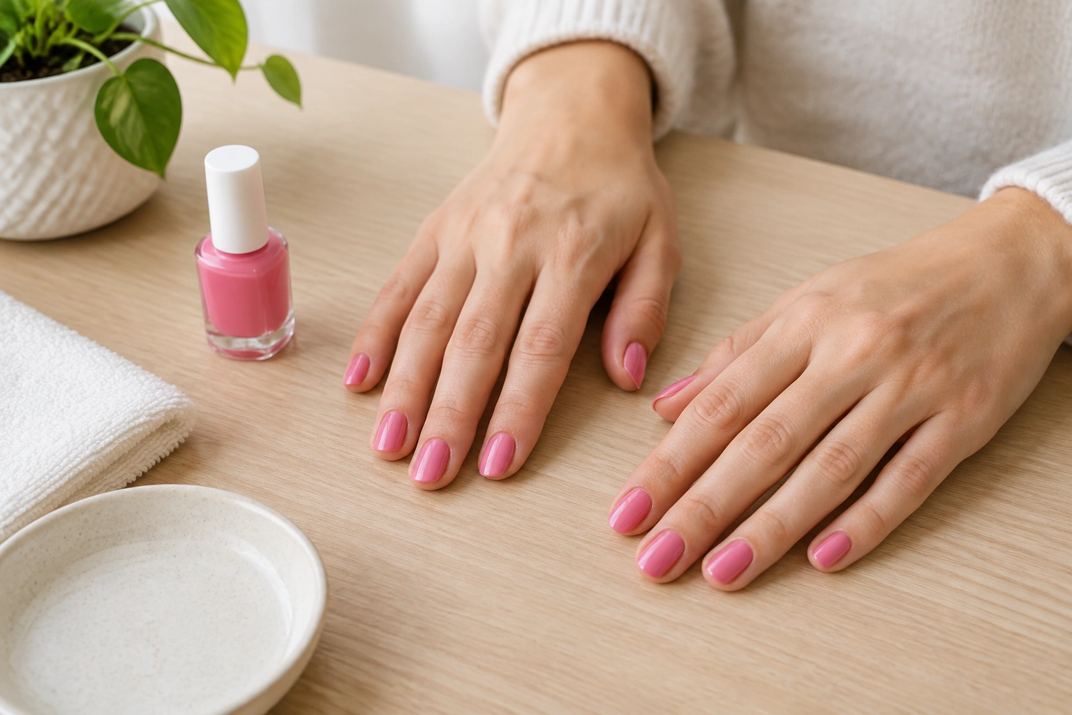 Beginner manicure drying setup with nail polish and a hand held still
