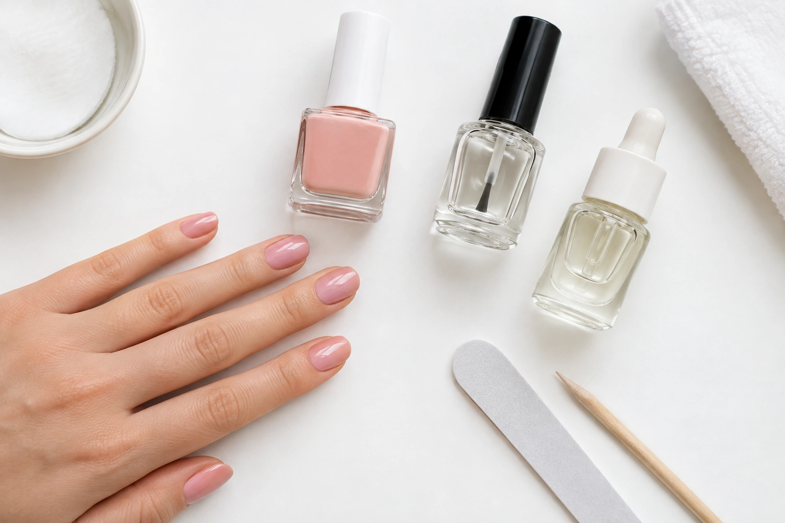Nail polish quick-dry top coat and drops beside a manicure