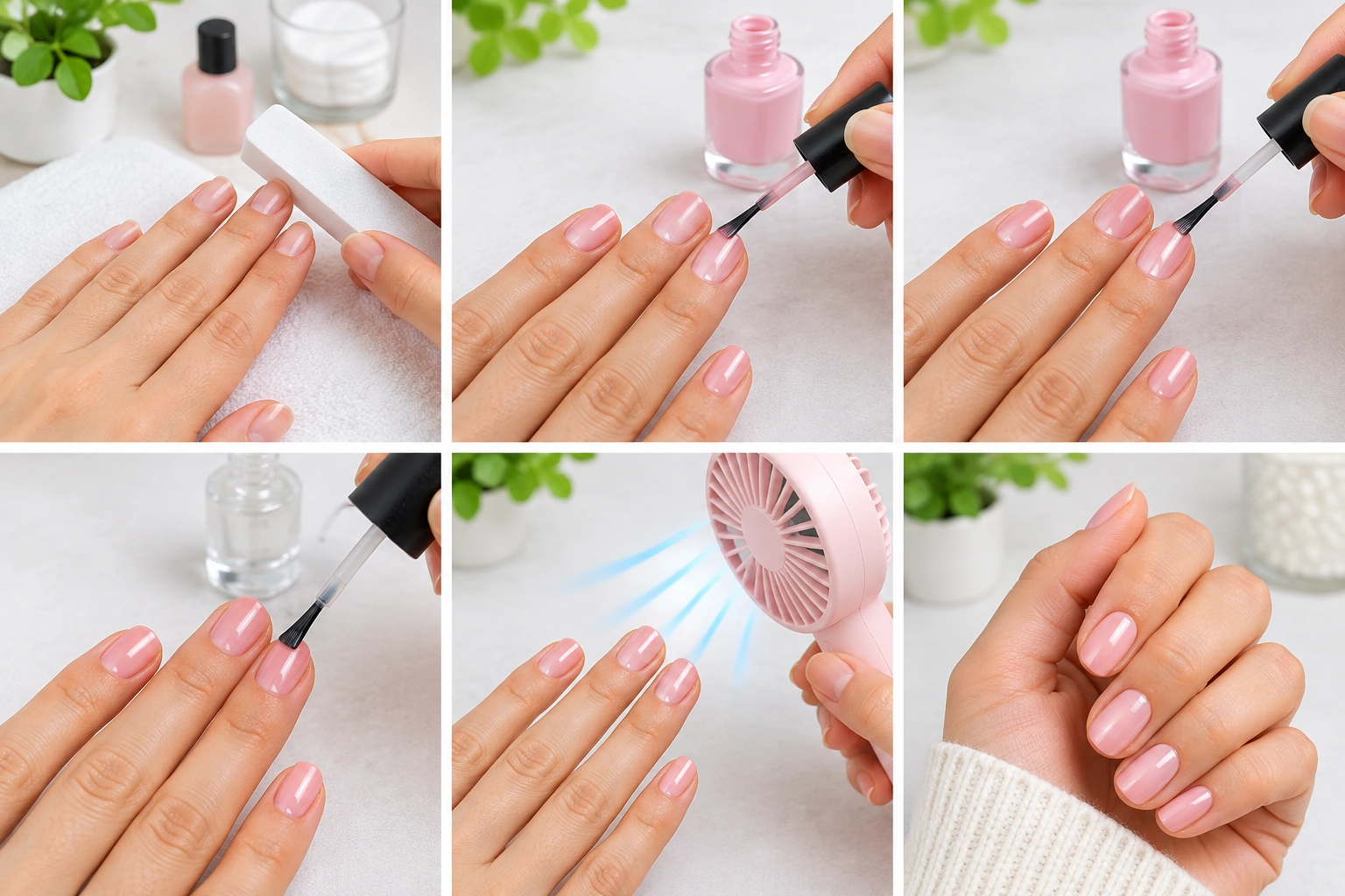 Home manicure tips showing thin coats, airflow, and quick-dry top coat for regular nail polish
