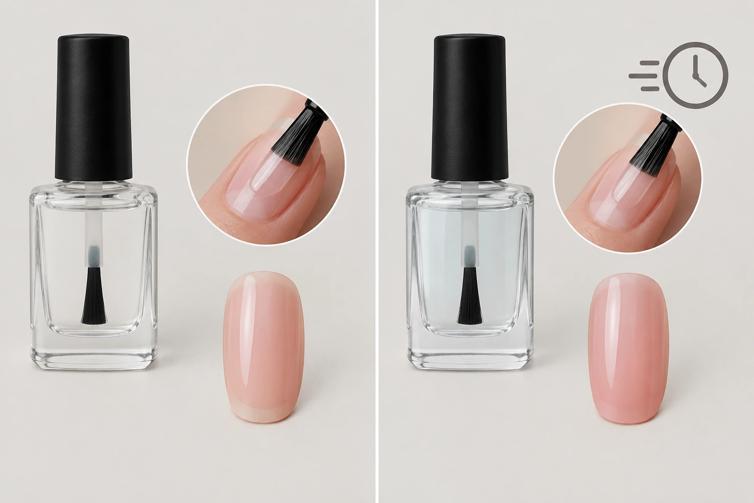 Side-by-side comparison of regular base coat and quick-dry base coat