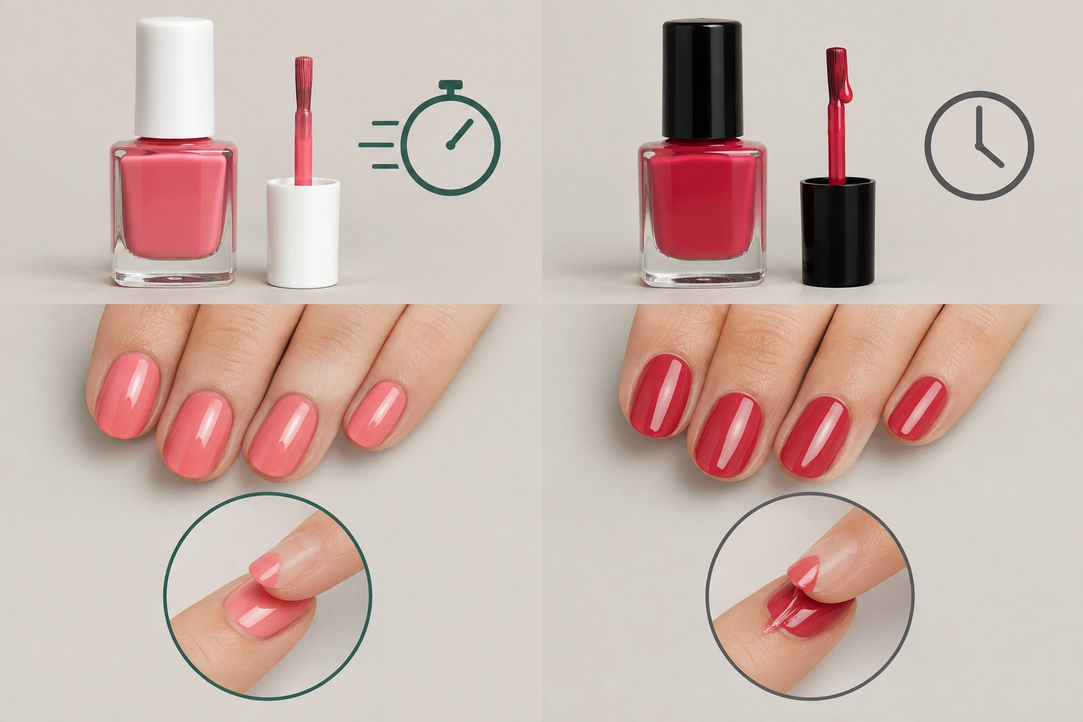 Side-by-side comparison of quick-dry nail polish and regular nail polish bottles