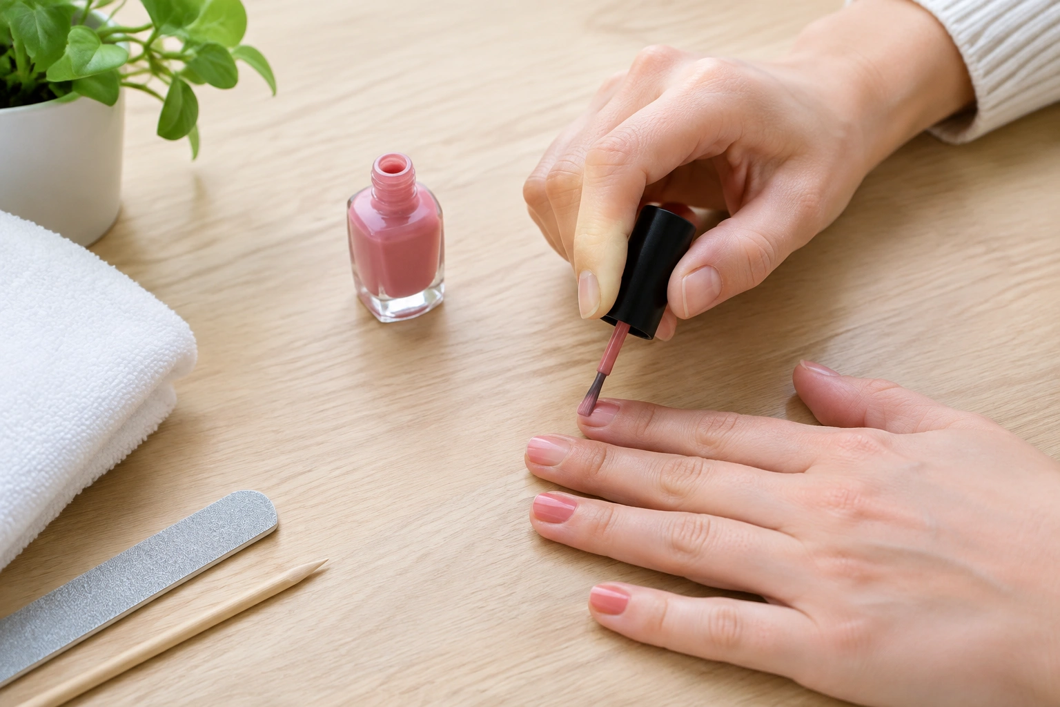 Beginner applying regular nail polish to natural nails