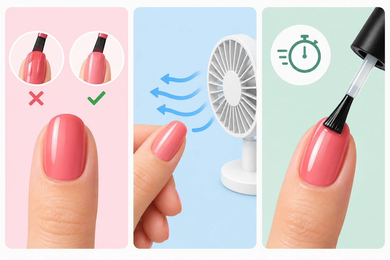 Beginner nail drying tips including thin coats, airflow, and quick-dry top coat