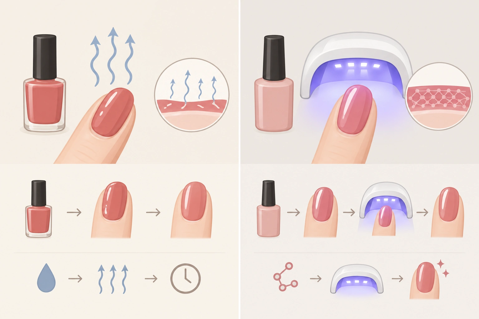 Comparison of regular nail polish drying and gel polish curing