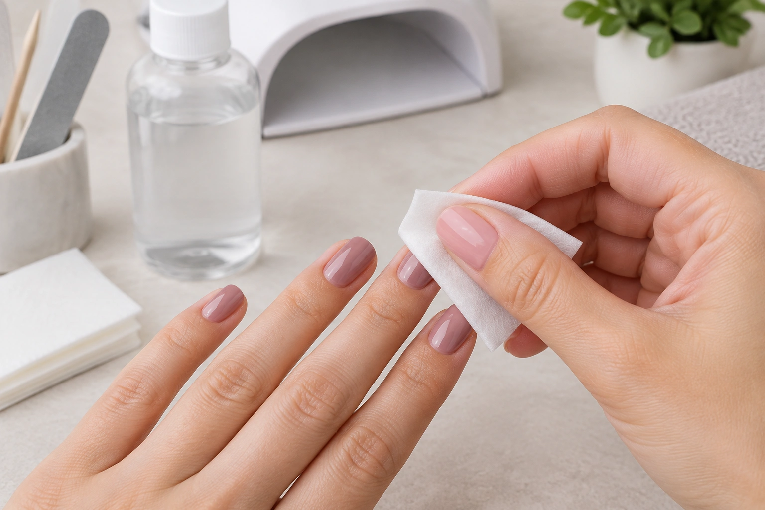 lint-free wipe removing sticky inhibition layer from cured gel polish