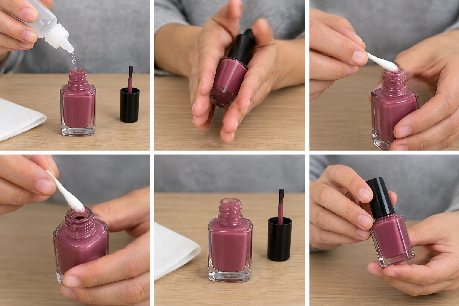 Step-by-step visual of adding nail polish thinner to a bottle and gently rolling it