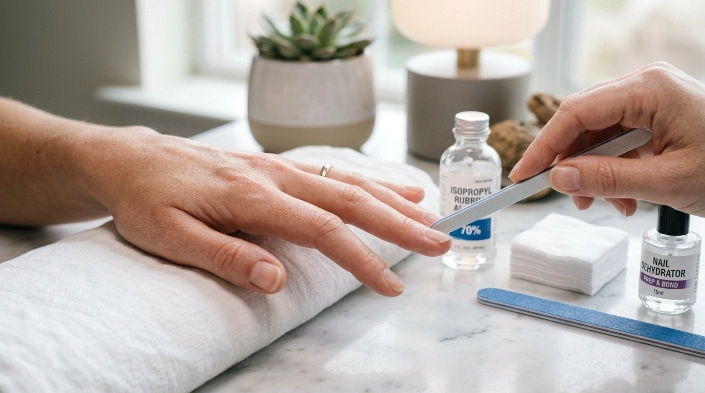 Rubbing alcohol nail prep technique with lint-free wipe