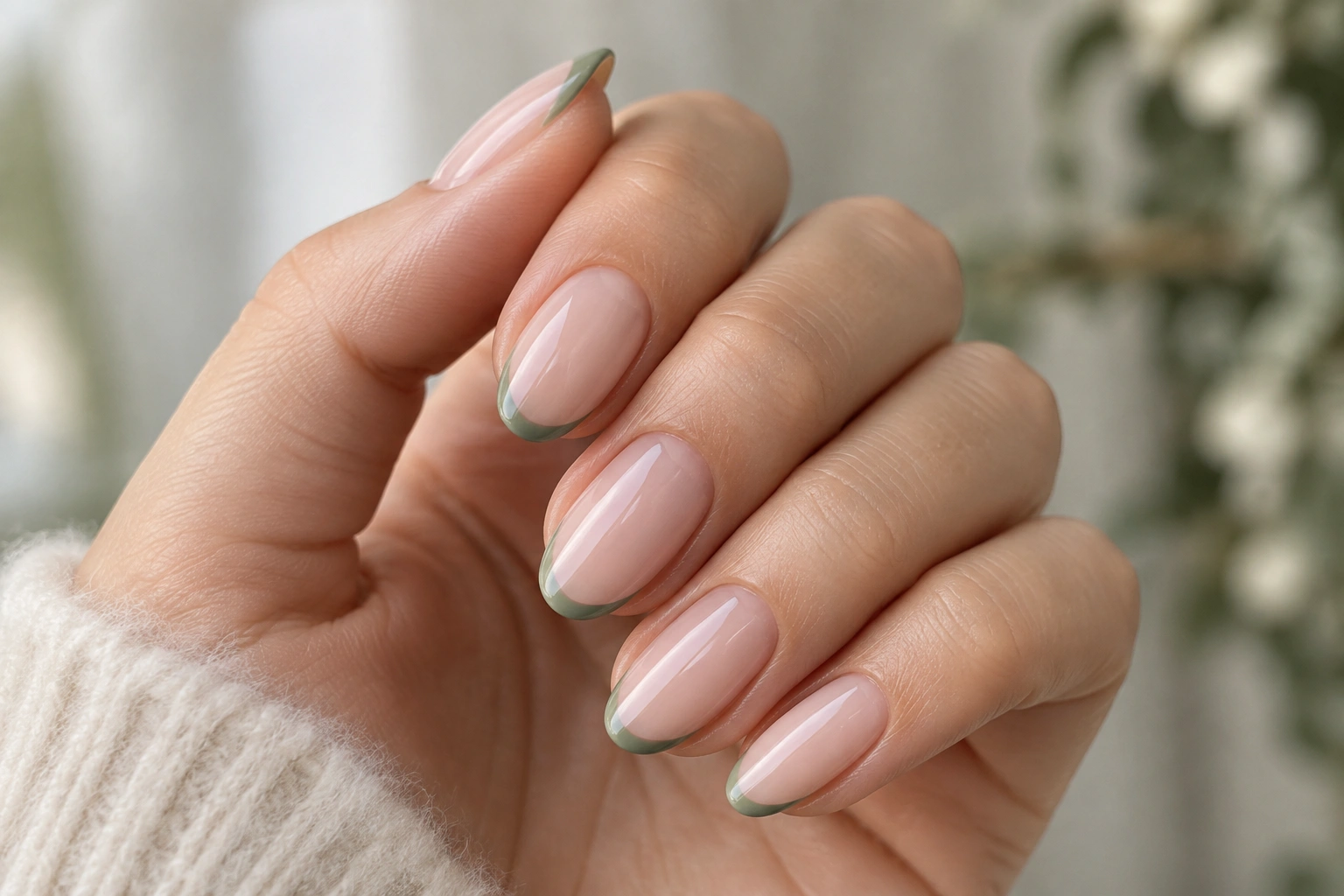 Sage green French tip manicure on nude base