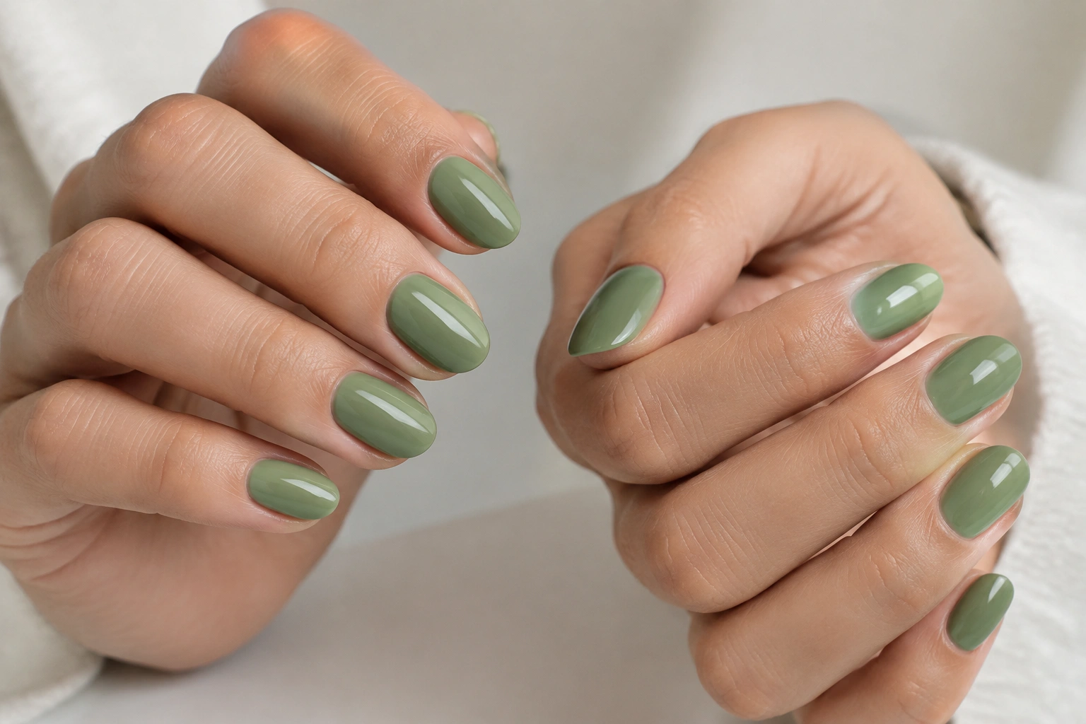 Glossy sage green nails on short almond-shaped nails