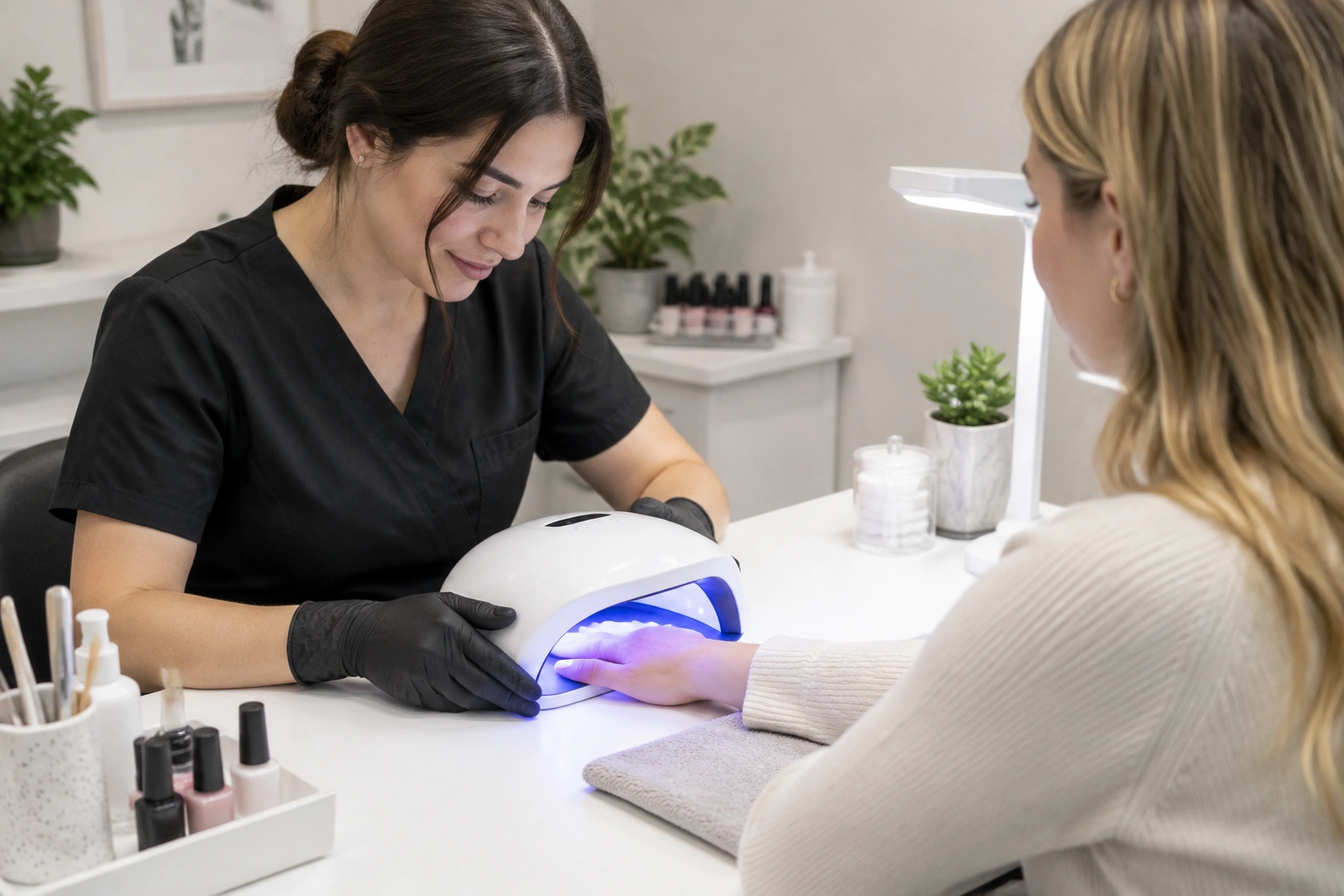 Technician curing polish under a salon nail lamp