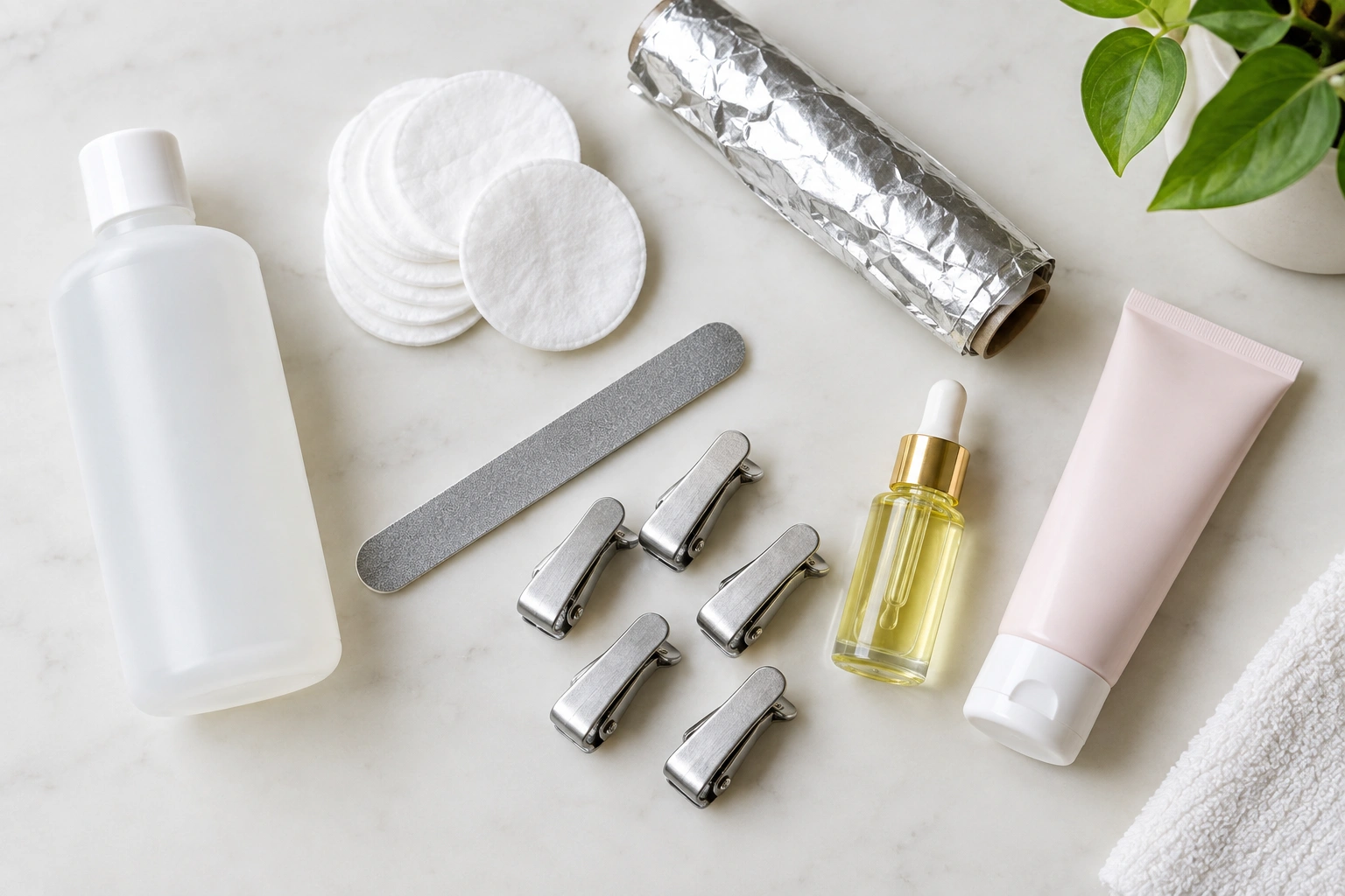 Nail polish removal supplies including acetone, cotton, foil, file, and cuticle oil