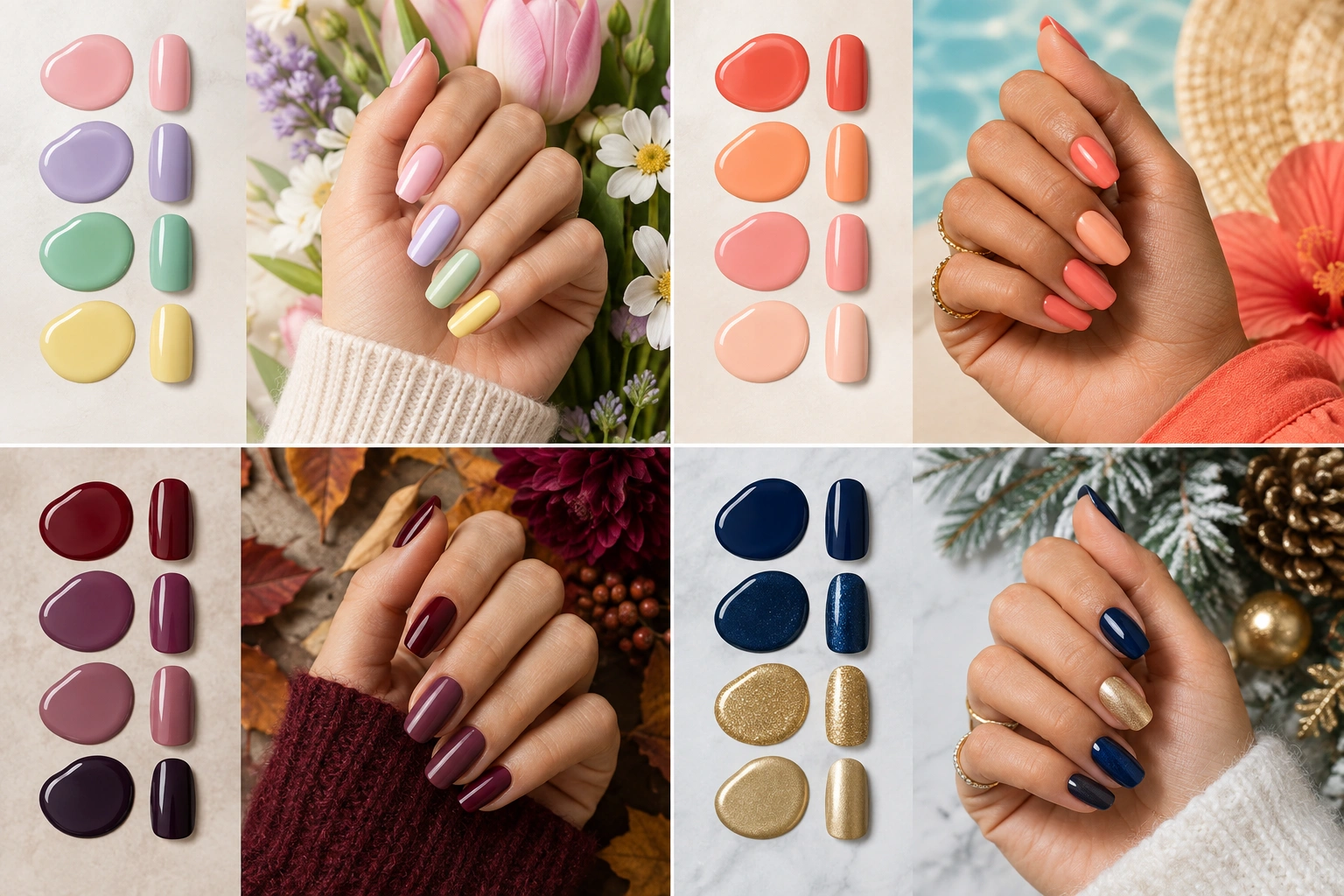 Seasonal nail color combinations in spring, summer, fall, and winter tones arranged in an editorial style