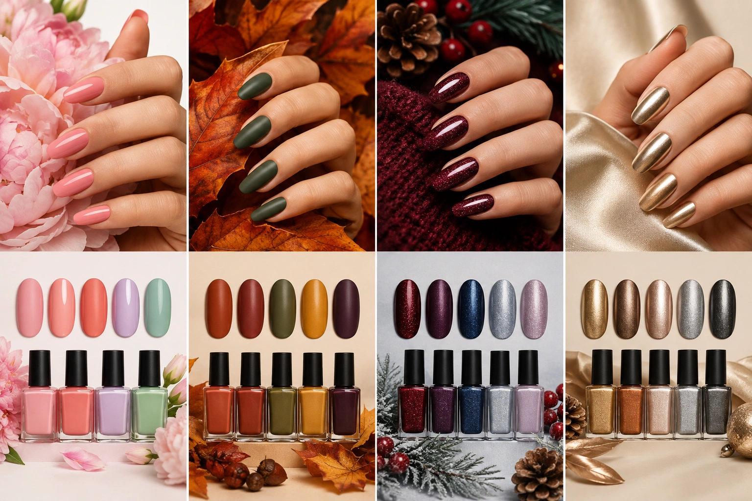 Seasonal nail polish color ideas with glossy matte shimmer and metallic finishes