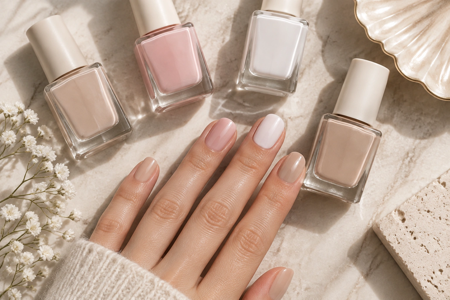 Short nails painted in nude, sheer pink, and soft beige shades