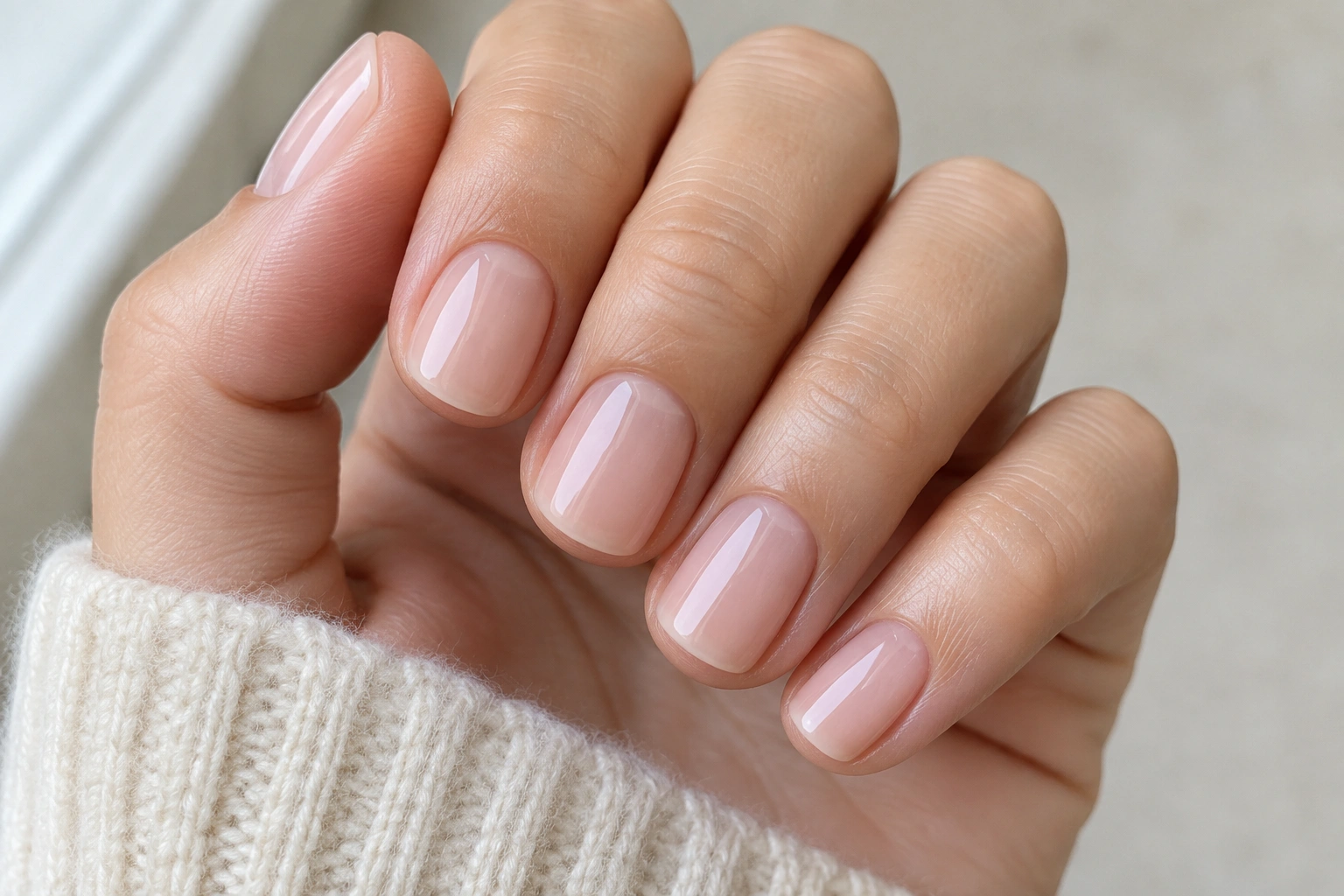 short squoval nails in a soft nude school-friendly manicure