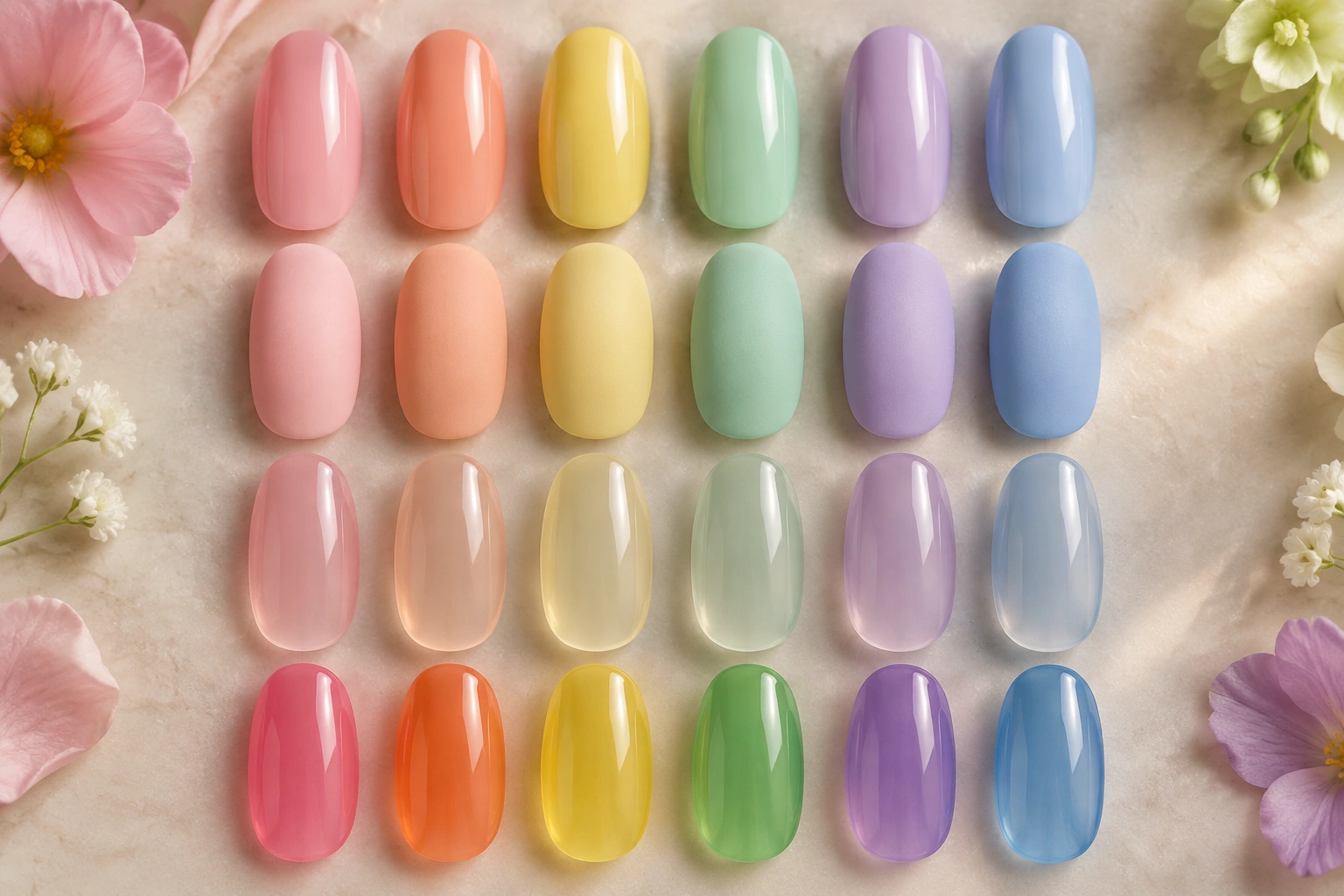 Different spring nail finishes shown in glossy, matte, sheer, and jelly versions of pastel and neutral polish