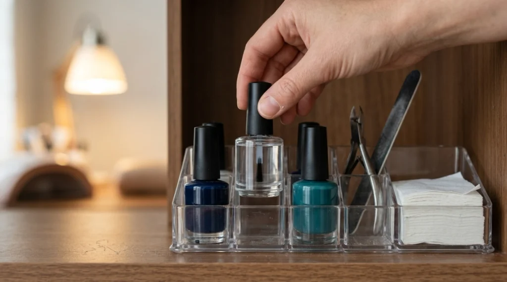 Hand placing tightly capped nail dehydrator upright in a secure manicure organizer