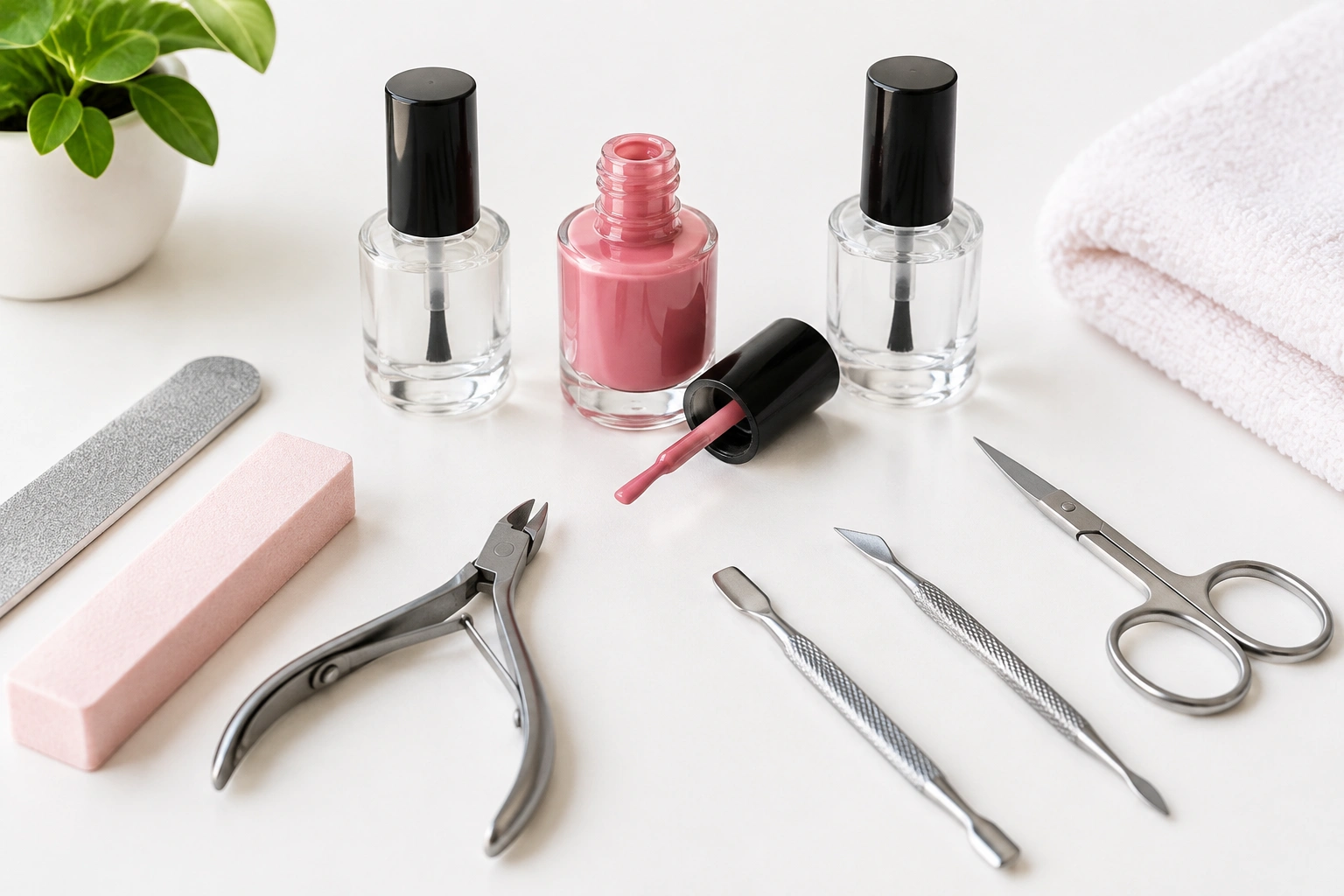 Beginner nail polish tools on a clean surface