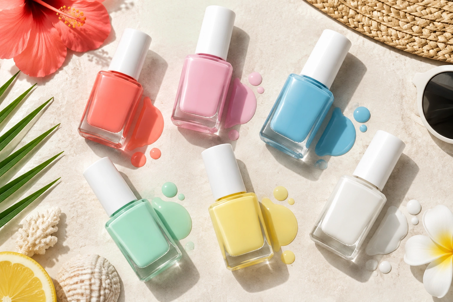 Summer nail colors arranged in bright, wearable shades