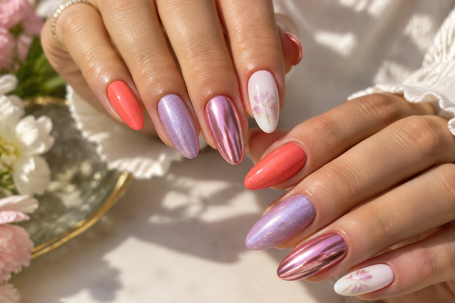 Fresh summer nail colors in glossy and chrome finishes