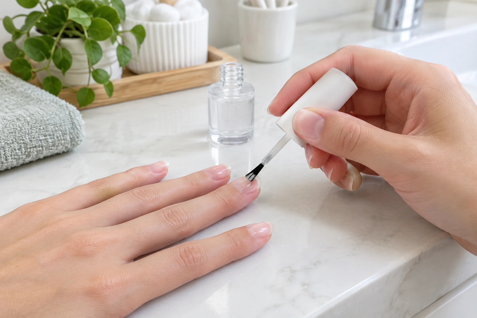 Close-up of a thin base coat on natural nails