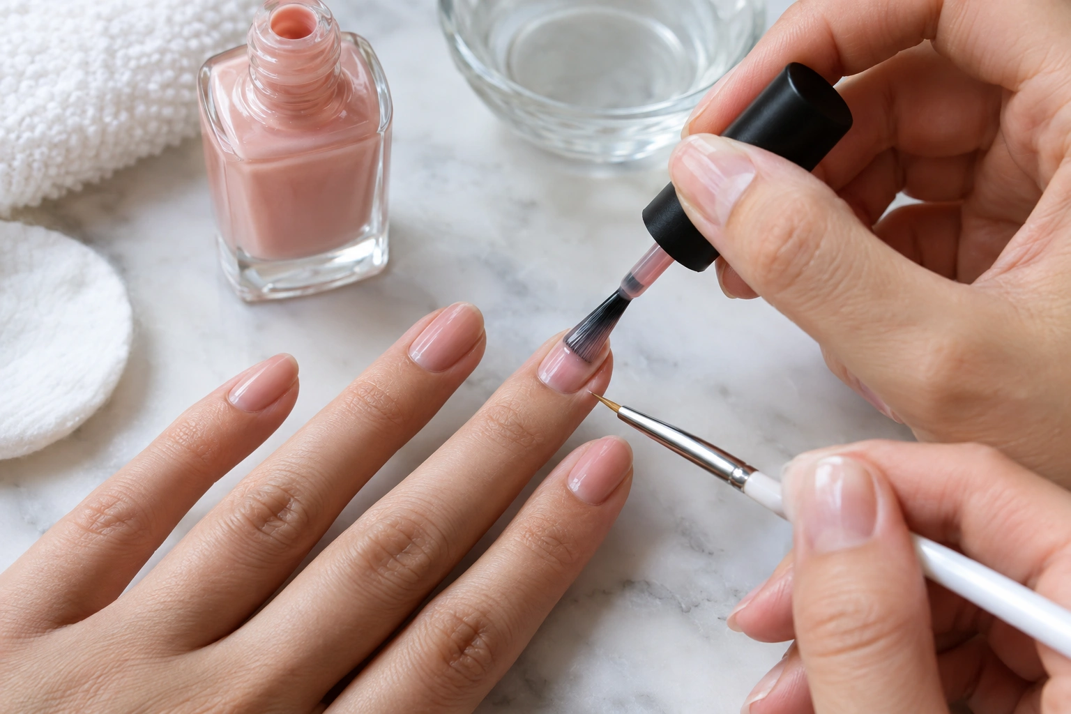 Hand applying thin nail polish coat with cleanup brush near cuticle