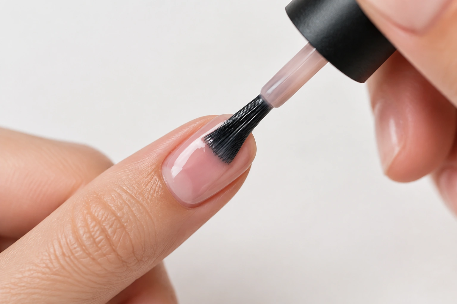 Close-up of a brush applying a thin coat of nail polish