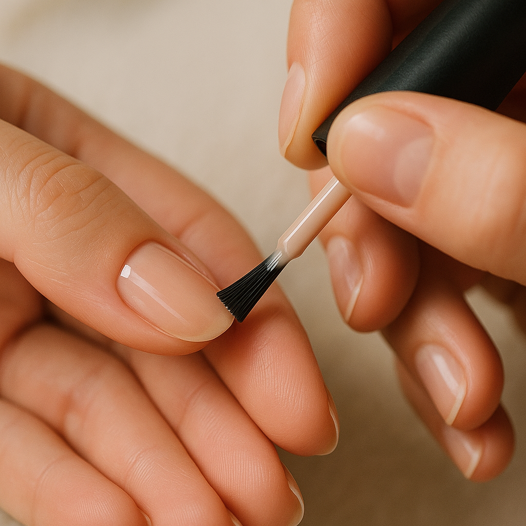 Applying nail polish in thin even coats with a light brush touch