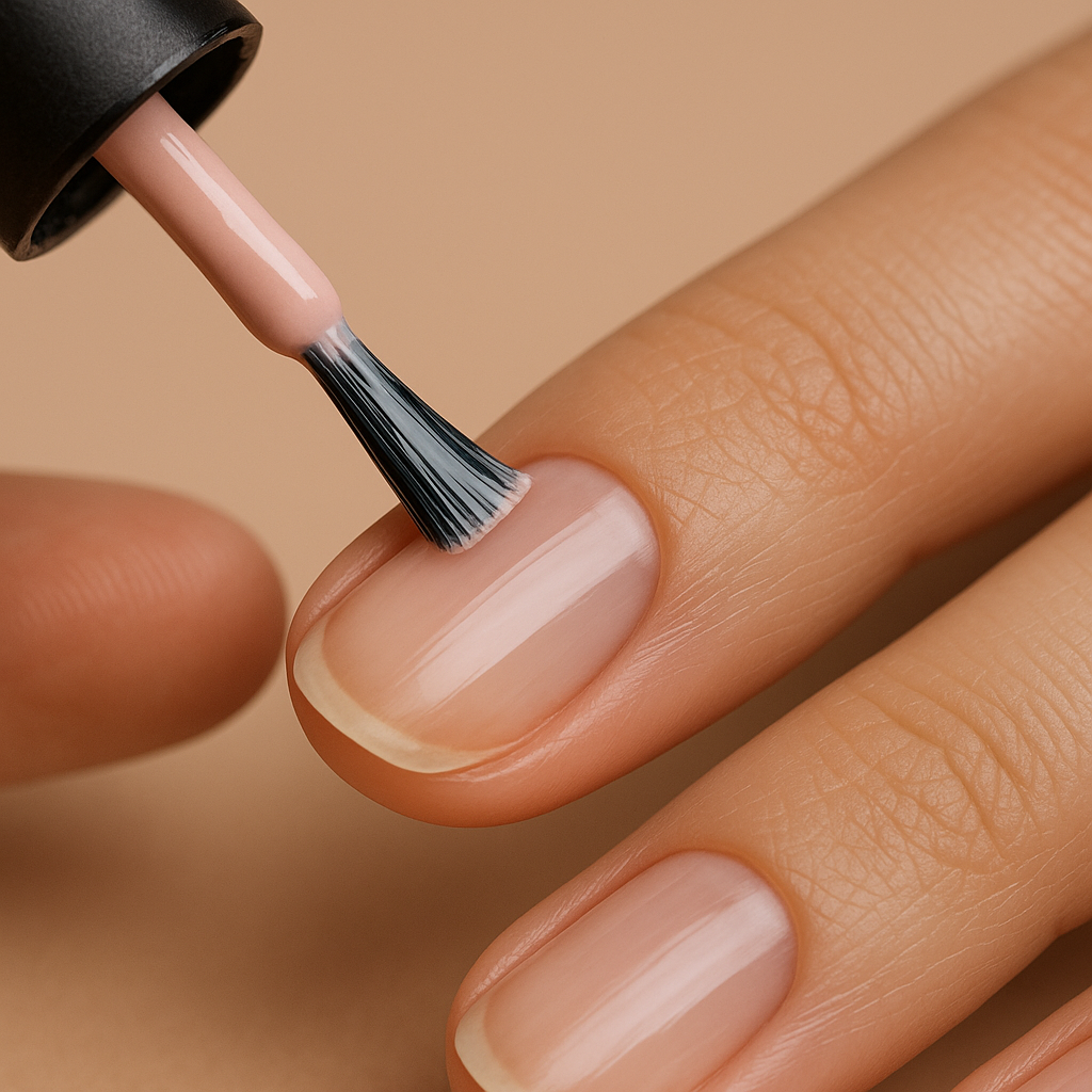Close-up of a nail being painted with a thin even coat