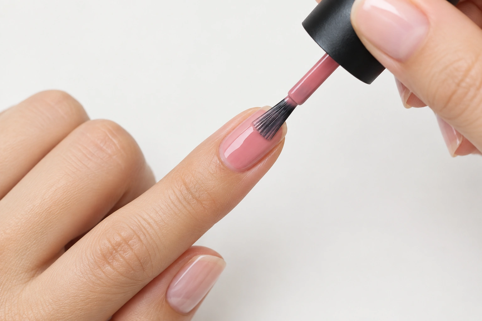 Close-up of nail polish being applied in a thin even coat on a fingernail