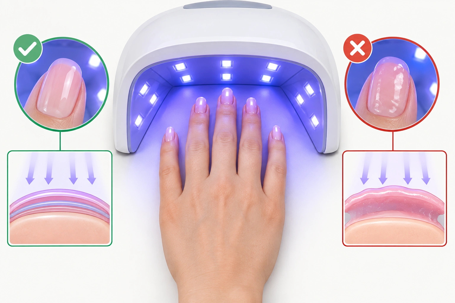 Diagram of thin gel coats curing evenly under a nail lamp