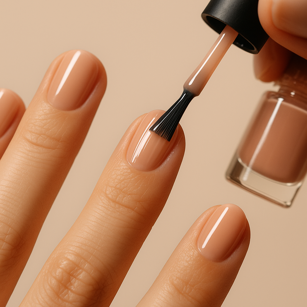 Close-up of nail polish being applied in thin even strokes