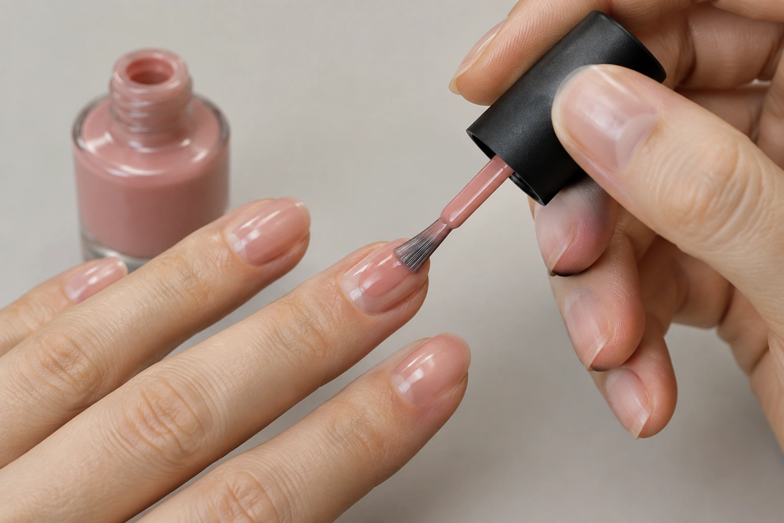 Close-up of thin nail polish coats being applied neatly