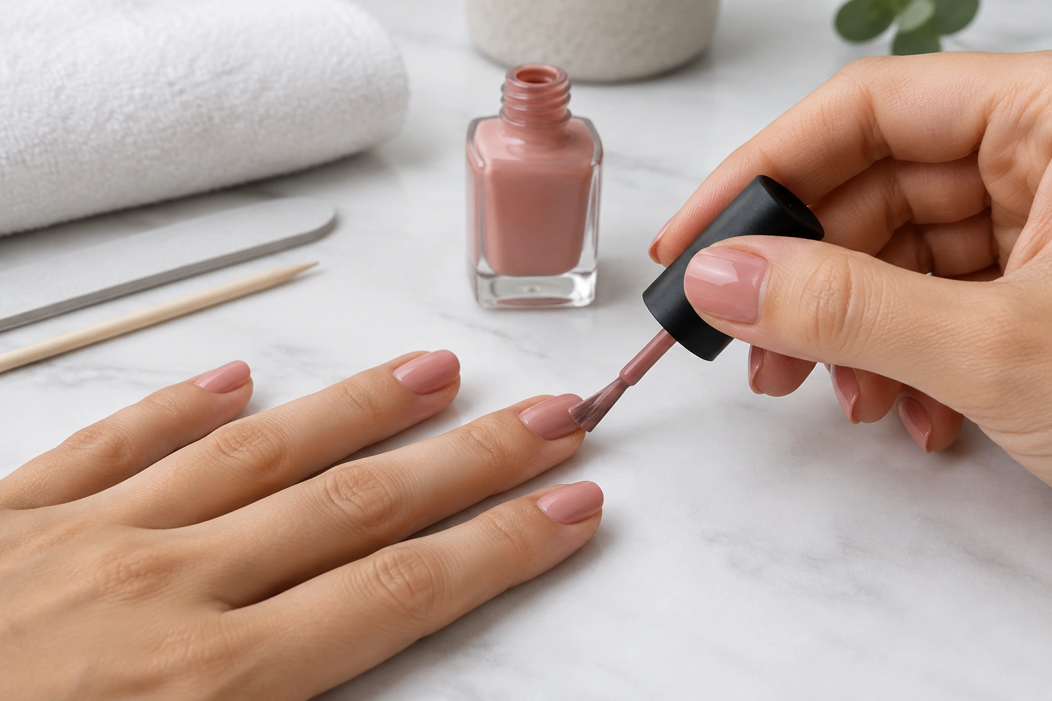 Nail technician applying thin even layers of polish to a natural nail