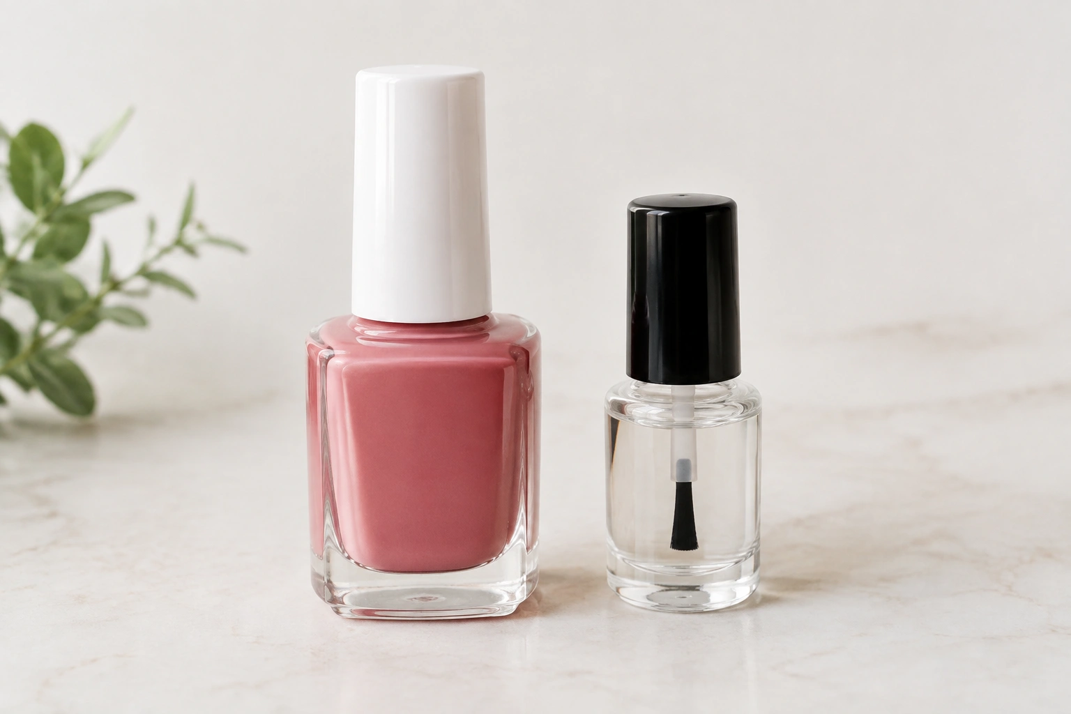A bottle of thick nail polish beside nail polish thinner