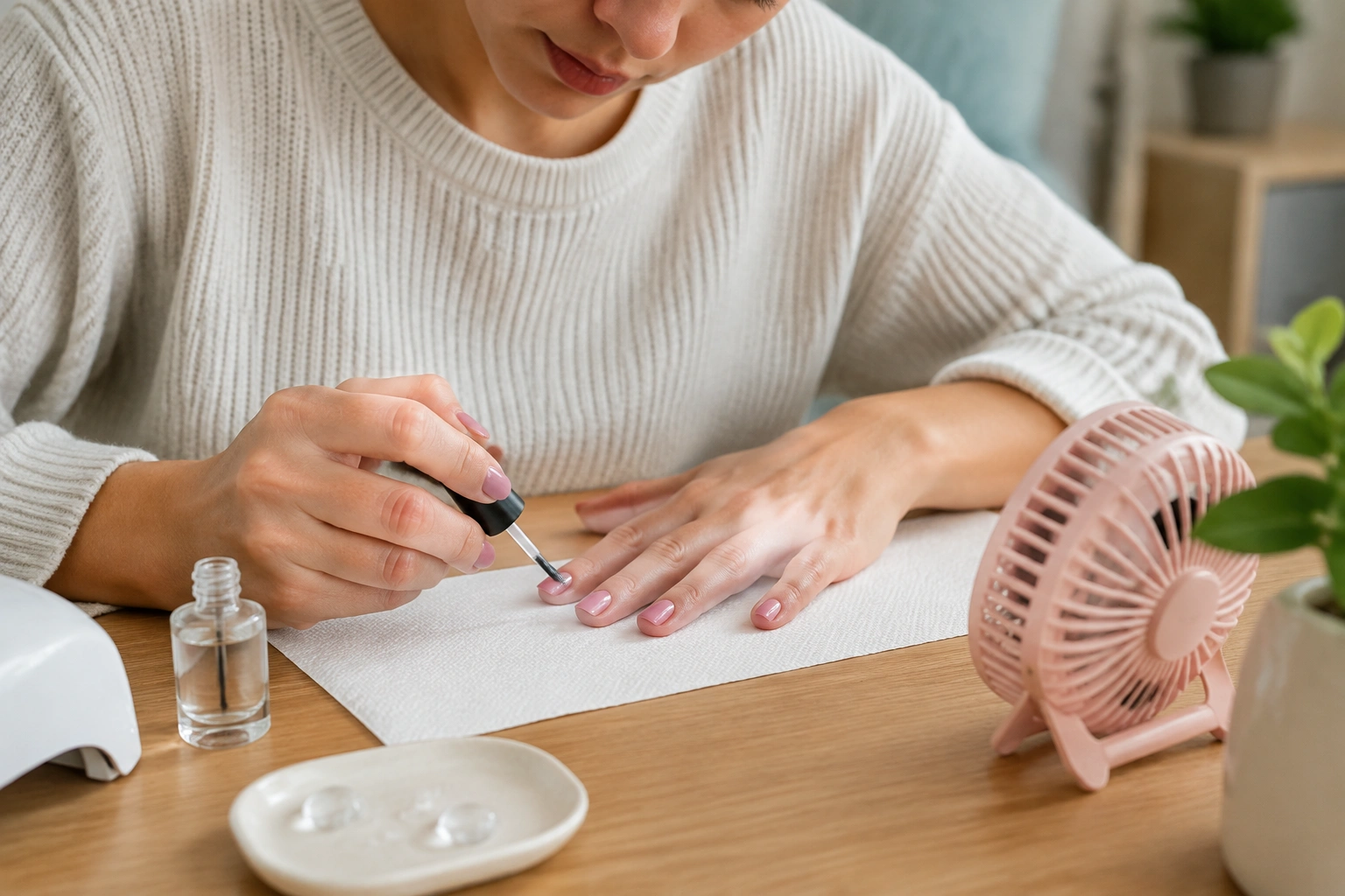 Beginner applying a thin top coat to nails and keeping hands still while it dries
