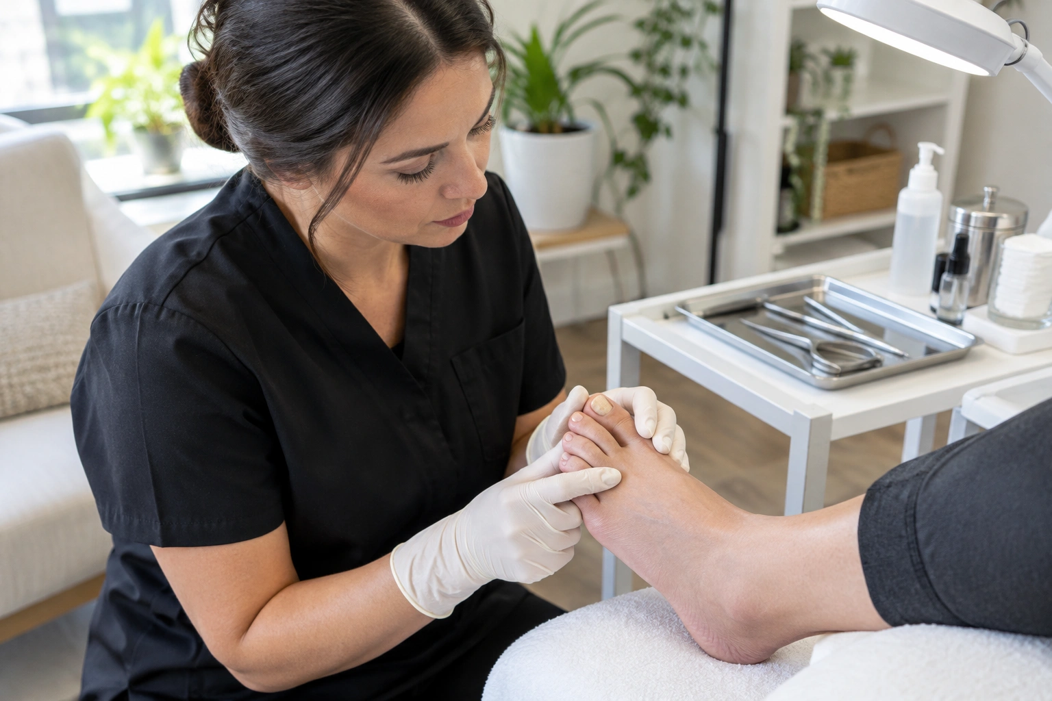 Nail technician assessing a toenail with suspected fungus during a salon consultation