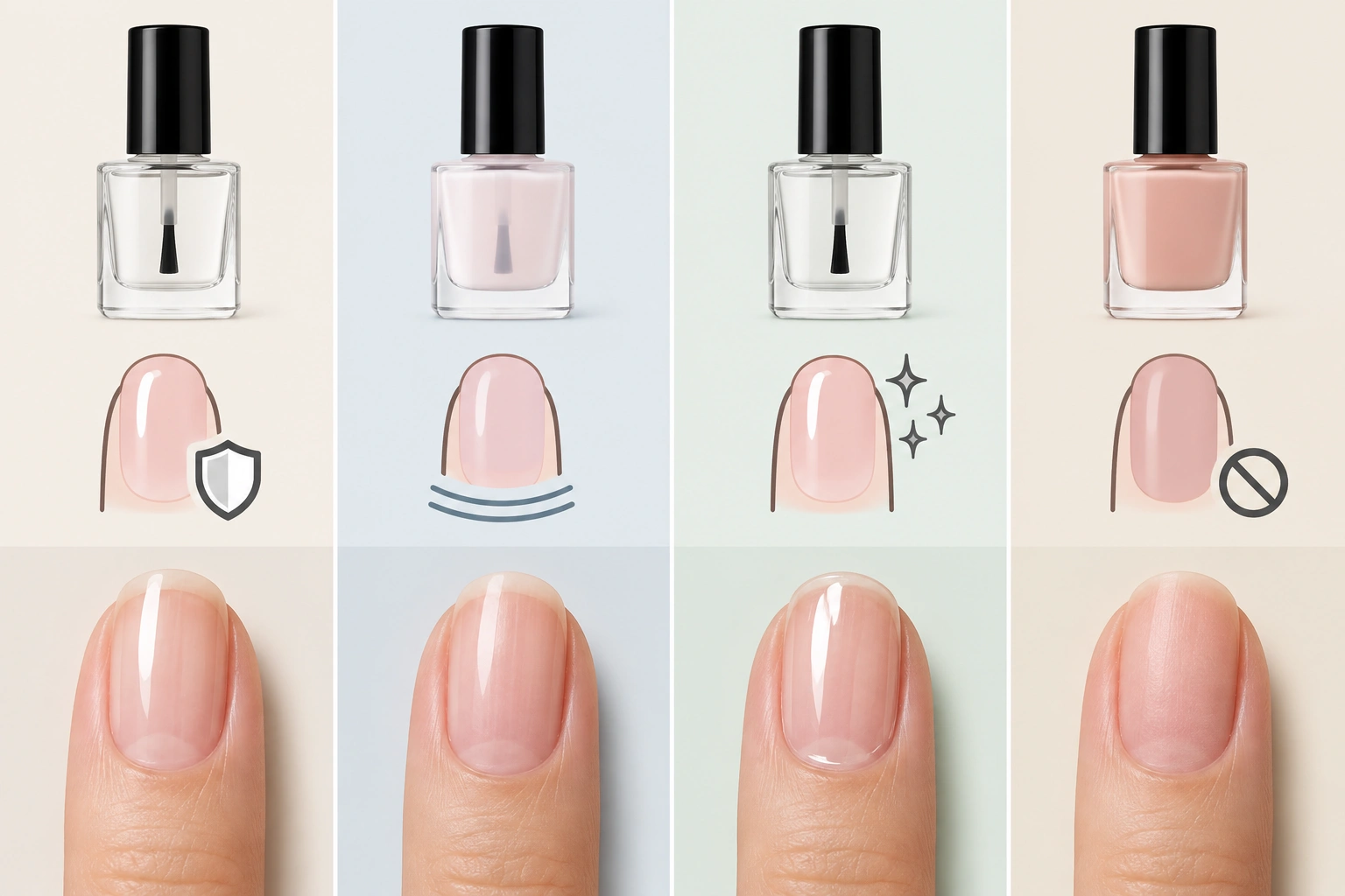 Comparison chart showing top coat, base coat, clear polish, and no top coat